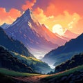 Breathtaking painting capturing serene beauty of majestic mountain bathed in warm hues of sunset. For home decor, nature