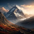 Breathtaking painting capturing serene beauty of majestic mountain bathed in warm hues of sunset. For home decor, nature