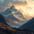 Breathtaking painting capturing serene beauty of majestic mountain bathed in warm hues of sunset. For home decor, nature