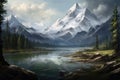 A breathtaking painting capturing the serene beauty of a mountain range with a tranquil lake in the foreground, lake and mountains