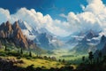 A breathtaking painting of a mountain range with billowing clouds in the sky., Panoramic view of the mountains, AI Generated