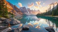 Breathtaking panorama of Moraine Lake in Banff National Park, showcasing the pristine beauty of the Canadian Rockies. Ai Generated