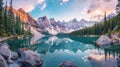 Breathtaking panorama of Moraine Lake in Banff National Park, showcasing the pristine beauty of the Canadian Rockies. Ai Generated