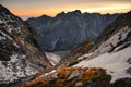 Panorama of snowy mountain landscape at sunset, Rysy Royalty Free Stock Photo