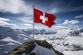 Breathtaking panorama of the swiss alps with the iconic swiss flag waving proudly in the foreground