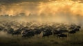 Panorama of wildebeest herd crossing savannah at sunset