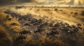 Panorama of wildebeest herd crossing savannah at sunset