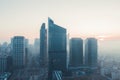 Breathtaking panorama of the Warsaw skyscrapers in the misty morning