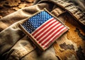 Detailed Panoramic View of a Worn US Military Combat Uniform Patch Featuring a Rounded American Flag HighQuality Royalty Free Stock Photo