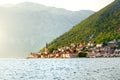 Breathtaking panoramic view of the ancient city of Perast, Montenegro. Old medieval little town with red roofs. Amazing Kotor bay