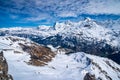 Breathtaking panoramic view of famous peaks Eiger, Monch and Jungfrau in Swiss Alps, Switzerland Royalty Free Stock Photo