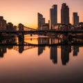 Frankfurt Skyline and Eiserner Steg Bridge at Golden Hour Royalty Free Stock Photo