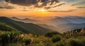 Golden Sunset Over Rolling Mountain Ranges with Foreground Grass and Foliage sunrise mountains Royalty Free Stock Photo