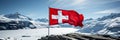 Breathtaking panoramic view of a majestic mountain range with the swiss flag proudly unfurled