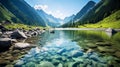 Serene Horizon: Panoramic View of a Mountain Lake with Clear Water and Blue Sky Royalty Free Stock Photo