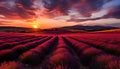 Breathtaking panoramic view of a stunning lavender field at sunset in a picturesque landscape