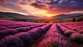 Breathtaking panoramic view of a stunning lavender field at sunset in a picturesque landscape