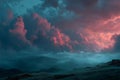 Dramatic Pink and Teal Sunset Cloudscape over Misty Mountains AI generated. Royalty Free Stock Photo