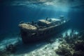 Ethereal underwater scene, sunken ship on coral reef - generative AI
