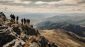 A dramatic photo of a group of people standing on a mountaintop with a stunning view of surrounding created with Generative AI