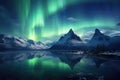 A breathtaking photo capturing the beauty of a vivid green and blue aurora borealis dancing over a peaceful lake, The ethereal Royalty Free Stock Photo