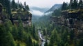 Misty Canyon: Majestic Mountain Scenery And Waterfall In Rainy Weather