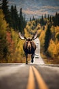 Magnificent Moose in Autumn on The Road - generative ai