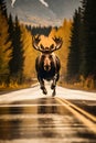 Magnificent Moose in Autumn on The Road - generative ai