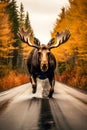 Magnificent Moose in Autumn on The Road - generative ai