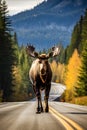 Magnificent Moose in Autumn on The Road - generative ai