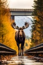 Magnificent Moose in Autumn on The Road - generative ai