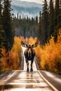 Magnificent Moose in Autumn on The Road - generative ai