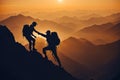Teamwork Triumph, Silhouettes of Hikers Reaching Mountain Peak, AI Generated