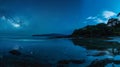 A breathtaking photograph of a bioluminescent bay with the still water reflecting the glowing microorganisms beneath