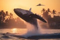 Majestic Humpback Whale Breaching Amidst Dolphins at Sunset Royalty Free Stock Photo