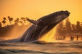 Majestic Humpback Whale Breaching Amidst Dolphins at Sunset Royalty Free Stock Photo