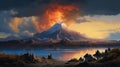 Antique Volcano Painting: Detailed Tonalist Genius With Water And Lake