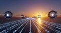 A hyper-detailed photorealistic cinematic wide shot of a digital data highway networking binary nodes during a deep golden hour su Royalty Free Stock Photo