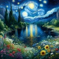A breathtaking river with wild flowers, in moonlit night, starry sky of Van Gogh, tree, plants, reflection on water, painting art