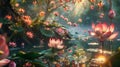 A breathtaking scene as the gleaming lotus pond is surrounded by a vivid explosion of bright flowers