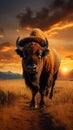 Breathtaking scene Bison in Yellowstone grassland at sunset, USA Royalty Free Stock Photo