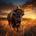 Breathtaking scene Bison in Yellowstone grassland at sunset, USA Royalty Free Stock Photo