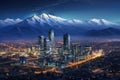 A breathtaking scene of a city at night with snow-covered mountains towering in the distance., Santiago, Chile cityscape, AI Royalty Free Stock Photo