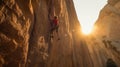 Rock Climber on rock ledge as sun rises