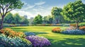 A breathtaking scene of natures beauty where colorful flowerbeds bloom in harmony with the lush green lawns of a Royalty Free Stock Photo