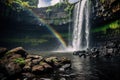 A breathtaking scene of a powerful waterfall with a vibrant rainbow arcing through its cascading waters, Waterfall in Kauai With