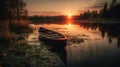 A serene landscape of a sunset over a lake with a rowboat in the foreground created with Generative AI Royalty Free Stock Photo