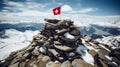 Breathtaking scene of switzerland flag proudly waving atop magnificent mountain peaks