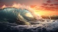 Wave crashing in the ocean at sunset Royalty Free Stock Photo