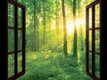 Open window onto sunlit forest path Royalty Free Stock Photo